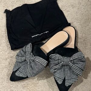 Something Navy Black and Gray Plaid Bow Mules
